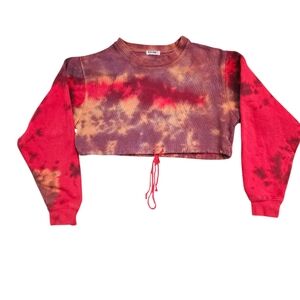 NEEMA Tie Dye Cropped Sweatshirt Red Brown Acid Wash Drawstring Hem Pullover Top
